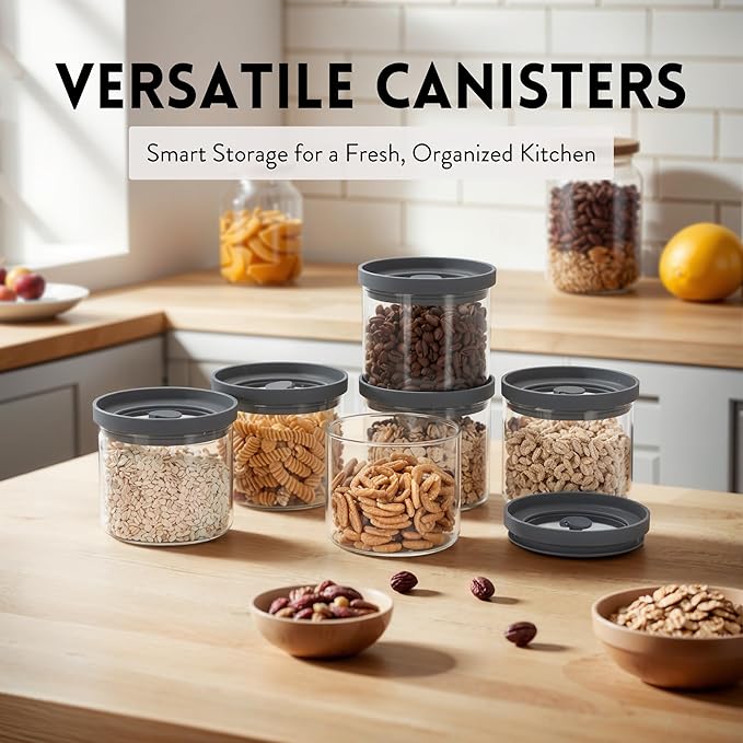 Glass Airtight Canisters with Silicone Lids – BPA-Free Borosilicate Containers for Food Prep, Storage, Wet or Dry Foods, Pasta, Rice, Flour, Tea, Herbs, Snacks – Set of 6 (17.5 oz)