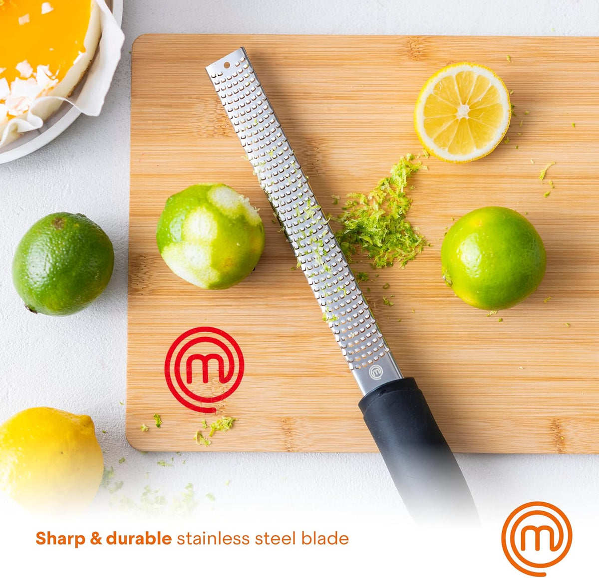 MasterChef Lemon Zester Grater with Handle, Kitchen Tool for Zesting Citrus Fruits & Finely Grating Parmesan Cheese, Garlic, Ginger, Coconut, Nutmeg, Wasabi, Chocolate etc, Stainless Steel, 12 inches