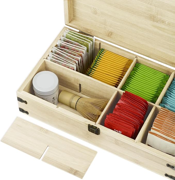 Large Wooden Tea Organizer Box, Big 14" Pine Storage Chest | 8-Slot Tall, Adjustable Shelves | 100% Handmade Craft Eco-Friendly Natural Décor