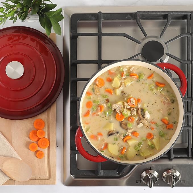 Gibson Home Addlestone 7 Qt Enameled Cast Iron Dutch Oven Pot with Lid – Round, Oven Safe to 500°F, Ideal for Bread Baking & Stews - Gradient Red