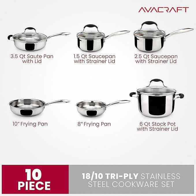 AVACRAFT 18/10 Stainless Steel Cookware Set, Premium Pots and Pans, Kitchen Essentials For Cooking, Multi-Ply Body Stainless Steel, 10-Pieces