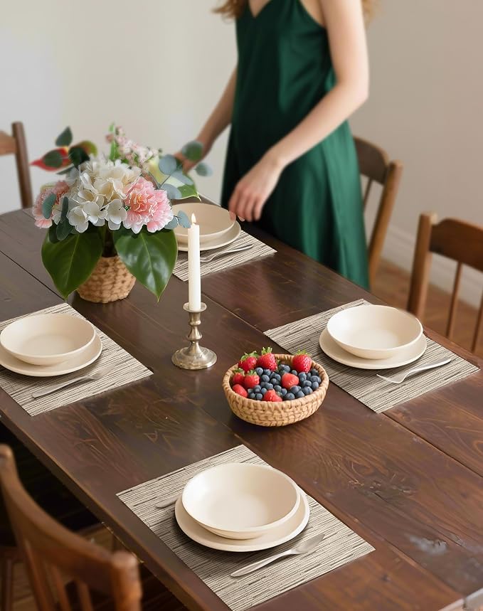 Leetaltree Light Brown Placemats Set of 12 - Heat Resistant Non-Slip Place mats for Dining Table, Washable Durable PVC Vinyl Woven Table Mats（Light Brown, 12）