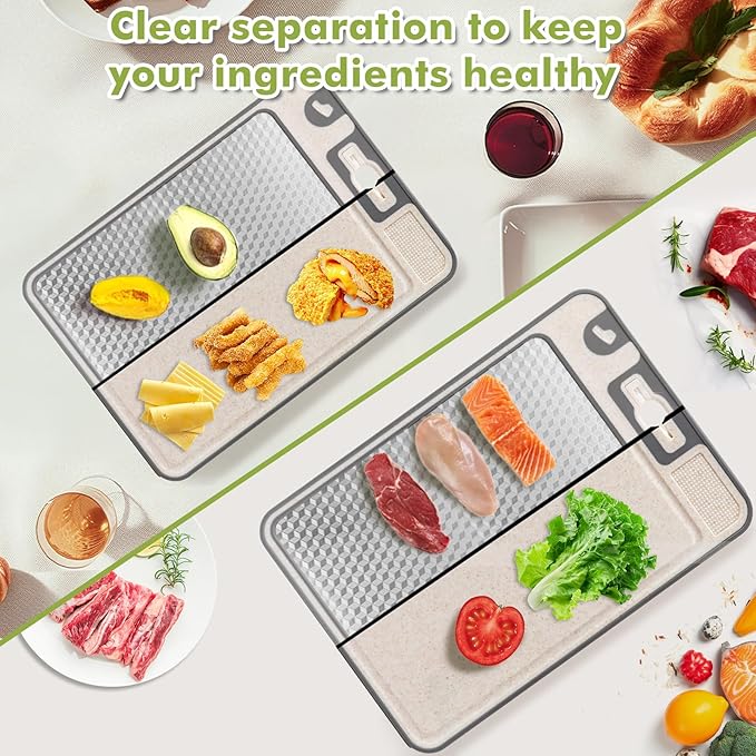 XIAPIA 2-in-1 Cutting Board Set (2 Pack), Stainless Steel & Plastic Cutting Boards for Kitchen, Metal Chopping Board Non Toxic & BPA Free, Built-in Knife Sharpener|Ginger Grater|Measurement Marks
