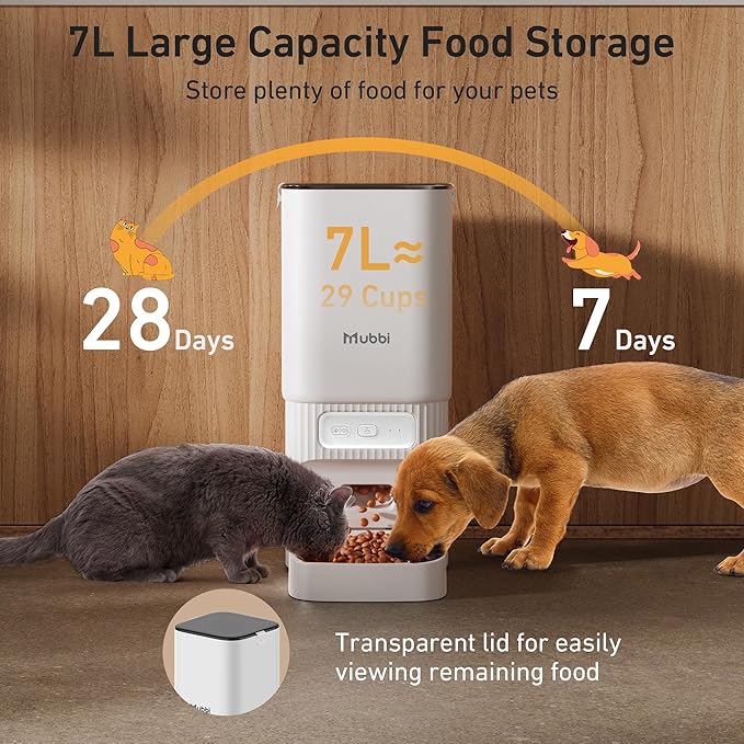 7L/29 Cups Automatic Dog Feeder, 5G WiFi Auto Cat Feeder with Desiccant Bag, Cat Food Dispenser, App Remote Feeding, Stainless Steel Bowl, Dual Power Supply, Ideal for 2-15mm Dry Food