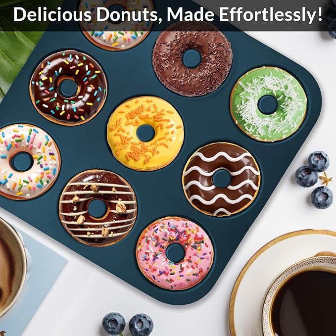 Large Silicone Donut Pan for Baking, 9 Cavity Non-Stick Food Grade Silicone Donut Molds, Doughnut Pan and Bagel Pans for Baking & Kitchen, BPA Free 11.2 x 11.1 Inches, Dishwasher Safe - Blue