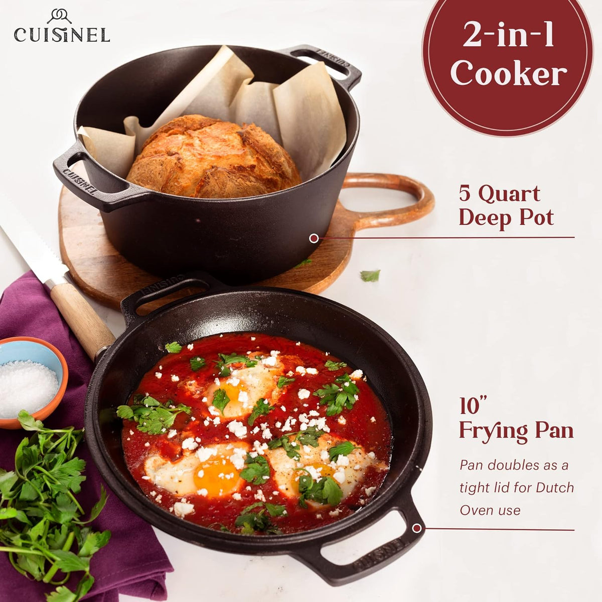 Cuisinel Cast Iron Dutch Oven - 5-Quart Deep Pot - Preseasoned 2-in-1 Multi-Cooker - Combo Lid Doubles as 10"-inch Skillet Frying Pan + Silicone Handle Covers + Scraper - Indoor/Outdoor Bread Cookware