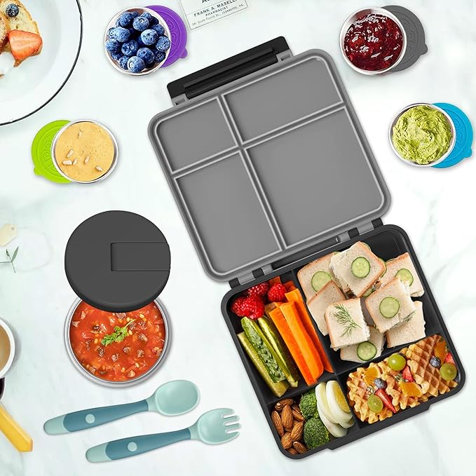 Kids Bento Lunch Box with 8oz Soup Thermo, Kids Leakproof Lunch Food Containers with 4 Compartment,Insulated Hot Food Jar with Lunch Bag for School, Travel (Black)