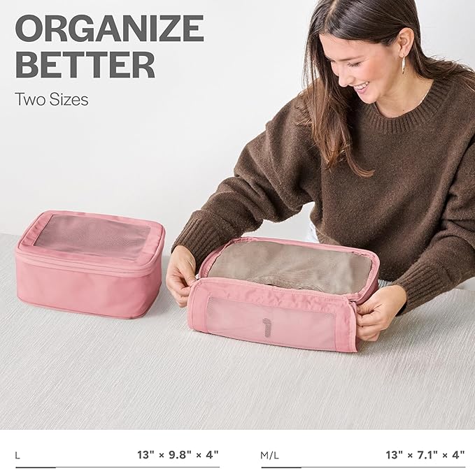 Aerotrunk Compression Packing Cubes for Travel - Luggage Organizer Bags - Double Zipper Packing Cubes for Suitcases (2-Pack, Rose)