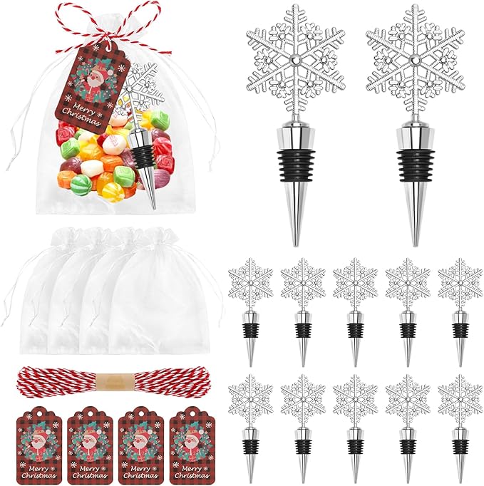 12Pcs Christmas Snowflake Wine Bottle Stopper Bulk Xmas Silver Wine Bottle Corkers Party Favors with Card and Ropes, for Winter Decoration Wedding Holiday Supplies Wine Accessories Gift for Hostess