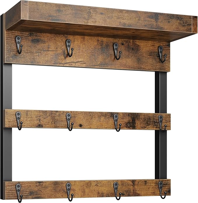 OROPY Coffee Mug Rack Wall Mounted, Rustic Wood Cups Rack with 12 Hooks and Storage Shelf, for Home Kitchen Display and Collection (Rustic Brown)