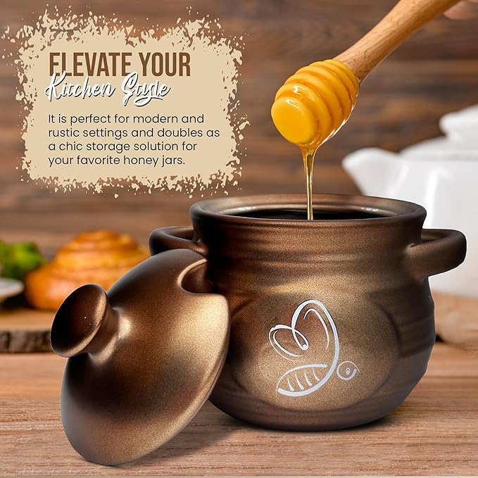 Ceramic Honey Pot, Honey Container with Dipper, Metallic Neutral Color Honey Jar, Honey Dispenser, Ceramic Pot, Stylish Honey Storage for Rustic, Modern, Home and Farmhouse Kitchen Decor