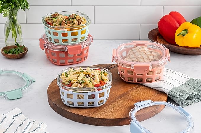 Ello Duraglass 3.4 Cup Round Meal Prep Sets 10Pc, 5 Pack Set- Glass Food Storage Container with Silicone Sleeve and Airtight BPA-Free Plastic Lids, Dishwasher, Microwave, and Freezer Safe, Melon