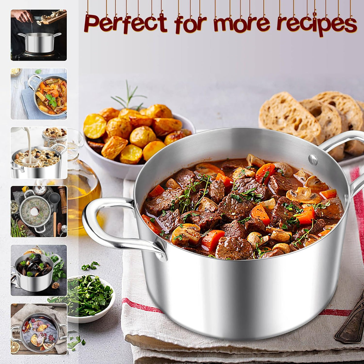 E-far 5 Quart Stock Pot with Lid, 18/10 Tri-ply Stainless Steel Stockpot for Induction Ceramic Gas Stoves, Heavy Duty Cooking Pot for Pasta Soup Stewing Simmering, Oven and Dishwasher Safe