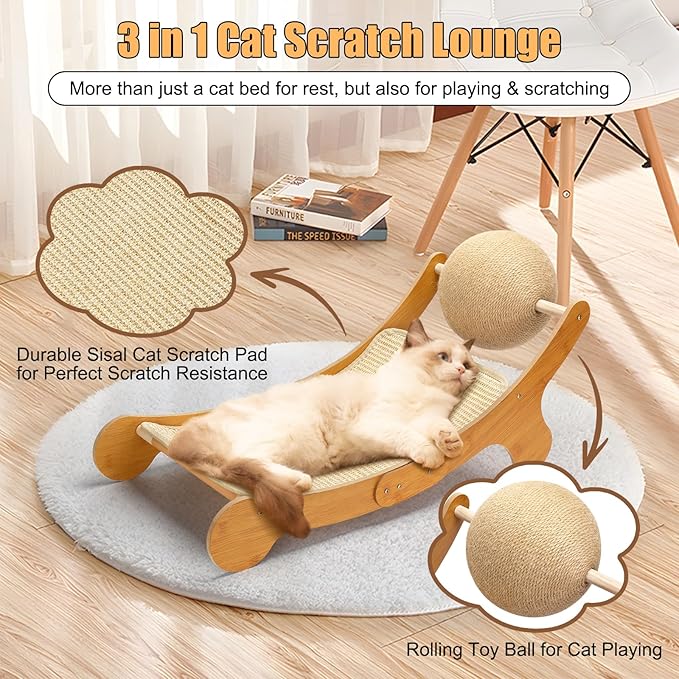 Outamateur Sisal Cat Scratcher Bed, Cat Hammock Chair, 3 in 1 Cats Scratcher Lounge, Cats Mini Beach Chair with Toy Ball, Pet Beds with Removable Sisal Pad for Indoor Small Animal, Puppy, Rabbit