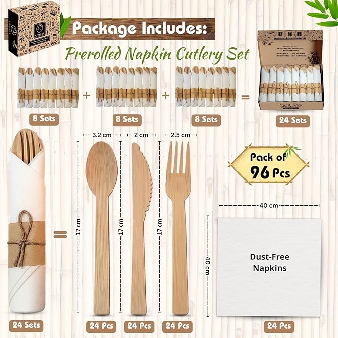 KOELHO'S Pre-Rolled Bamboo Cutlery Set 24-Pack 96 PCS | Bamboo Disposable Utensils 100% Biodegradable and Eco-Friendly | Wooden Utensils Disposable for Parties, Weddings, and Events