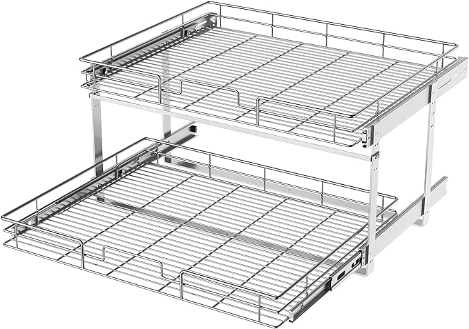 LOVMOR 2 Tier Individual Pull Out Cabinet Organizer 25½" W x 21½" D, Slide Out Kitchen Cabinet Storage Sliding Shelves