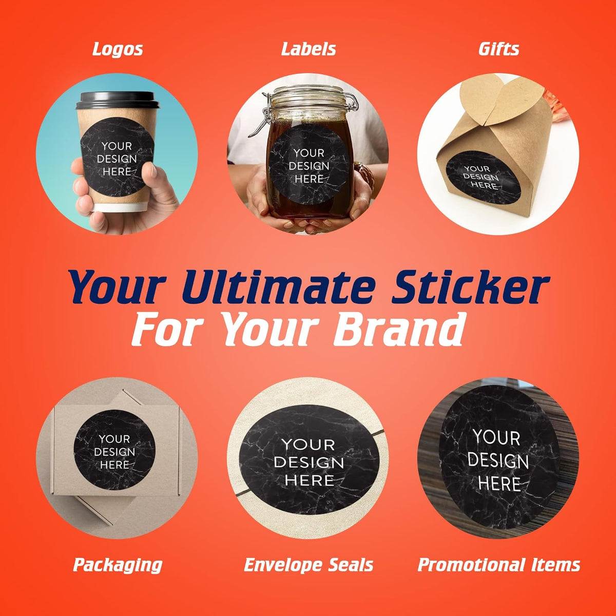 100 Custom Vinyl Stickers - Upload Your own Image, Text, Design, Logo - Personalized Logo Labels for Handmade, Packaging, Bottle, Jars, Candle, Brand Stickers (Black Marble, 6x6)