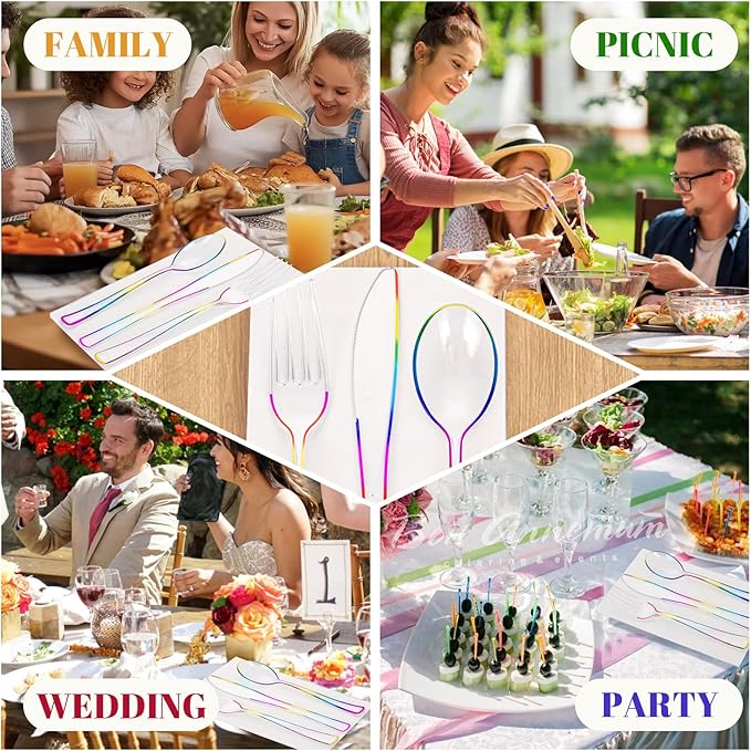 WDF 180 PCS Rainbow Plastic Silverware - Clear Colorful Cutlery Disposable Heavy Duty Include 60 Forks, 60 Knives and 60 Spoons - Colorful Disposable Utensils for Trolls Party/Birthday Party