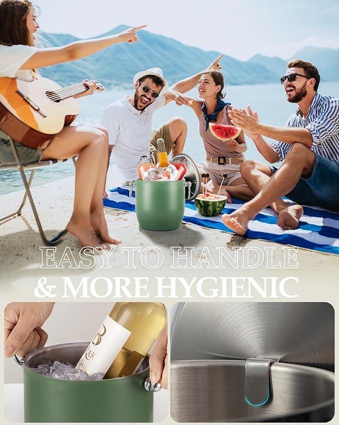 Insulated Ice Bucket, 3L Double Wall Stainless Steel Ice Bucket with Tongs,Lid, Scoop and Strainer, Ice Buckets for Parties,Cocktail Bars, Chilling Beer, Champagne, Wine Bottles，Green
