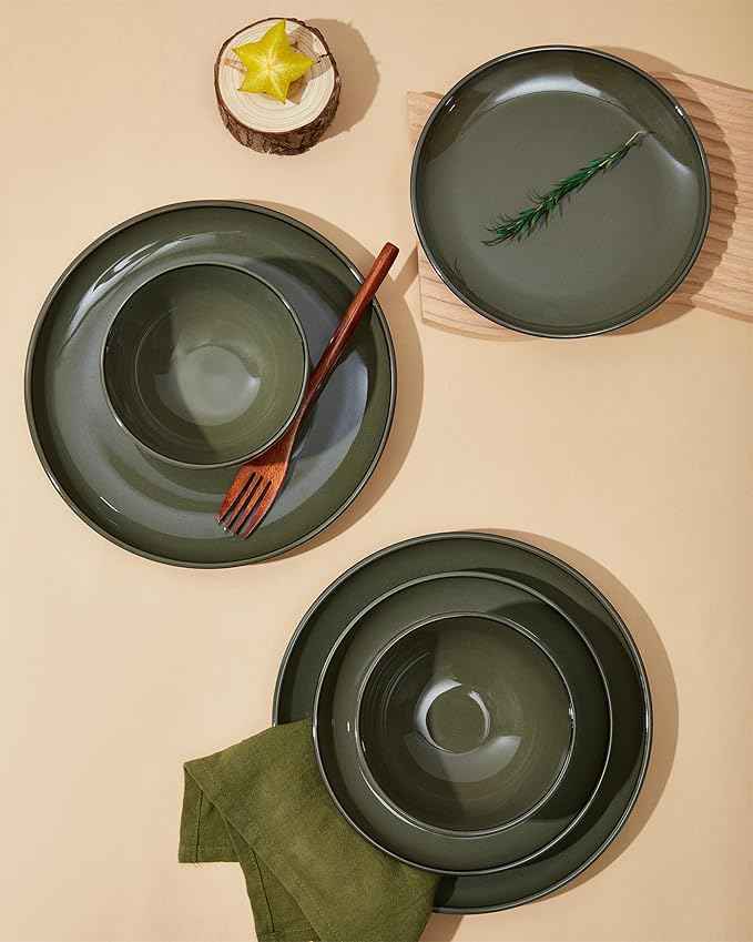 24 Piece Dinnerware Set for 8, Santorini Mist Terracotta Plates and Bowls Sets, Complete Stoneware Dish Set for Large Families and Entertaining, Microwave & Dishwasher Safe, Blackish Green