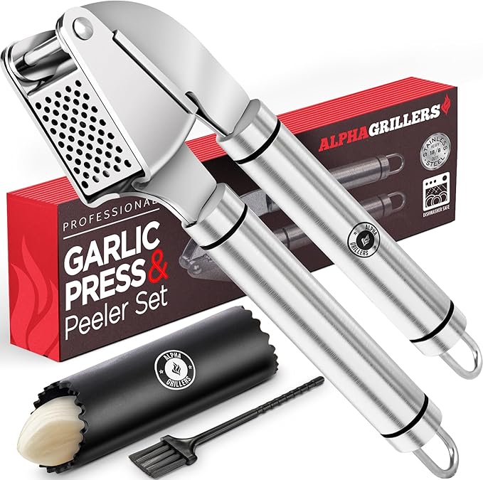 Alpha Grillers Garlic Press Stainless Steel - Professional Garlic Mincer and Crusher with Silicone Peeler Dishwasher Safe