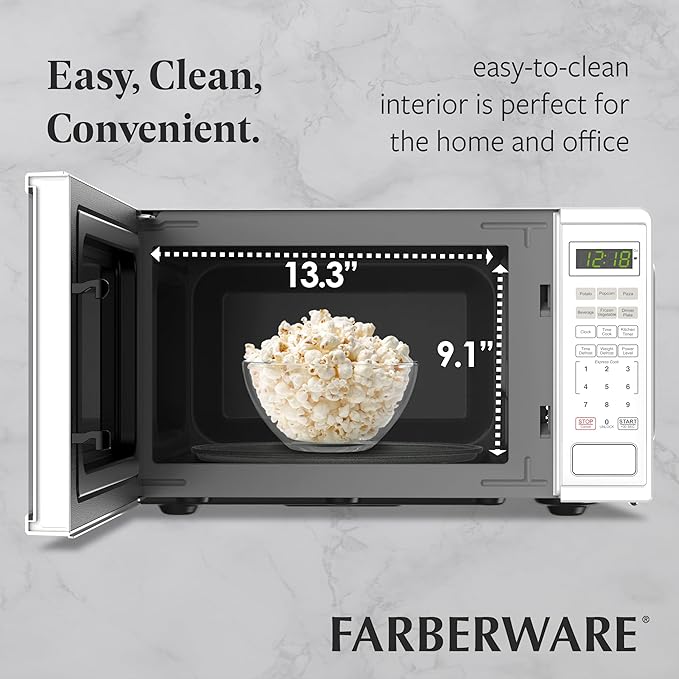 Farberware 0.9 Cu. Ft. Countertop Microwave Oven – 900 Watts Power, Auto Cook Settings, Defrost, Easy Clean and Child Safety Lock - White