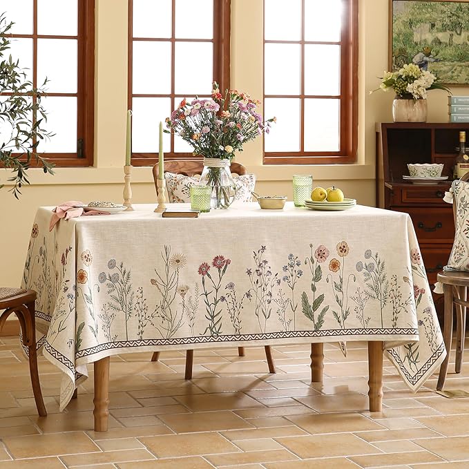 ISAENNE Designer Off White Linen Small Rectangle Tablecloth,Floral Elegant Table Cloth,Stain Resistant Vintage Decor Tablecloths for Dining Thanksgiving Kitchen Christmas,55"*71"-Serenity G