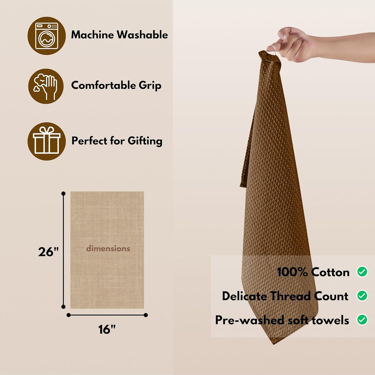 Native Fab Cotton Dish Towel 4 Pack Waffle Weave Tea Towels for Cleaning Drying, 16x26 inches, Soft & Absorbent Washcloths, Kitchen Towel with Hanging Loop, Dish Cloth Set, Brown