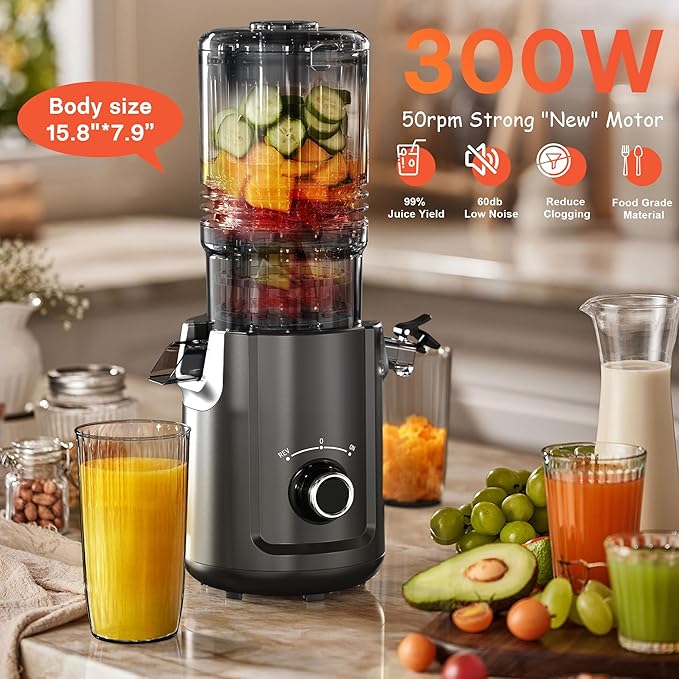 Hobsir Juicer Machines, 5.3-Inch Cold Press Juicers, Masticating Slow Juicer Machine with 300W, Large Feed Chute Juice Machines for Vegetables and Fruits, Easy to Clean Juicers Magic, Black