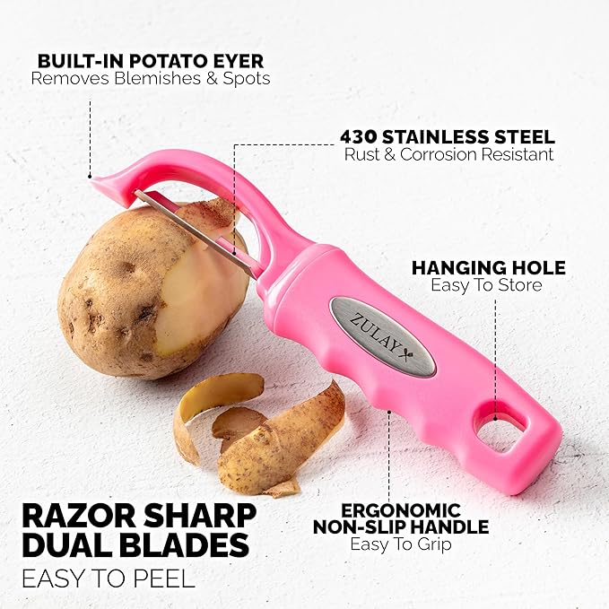 Zulay Kitchen Premium Vegetable Peeler for Kitchen - Swivel Peeler with Razor Sharp Stainless Steel Blades & Strong Ergonomic Handle - Dishwasher Safe, Easy To Use with Blemish Remover - Pink