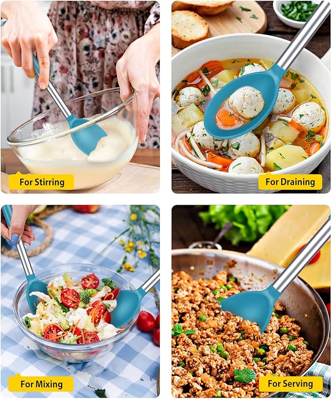 Pack of 2 Large Silicone Cooking Spoons,Non Stick Solid Basting Spoon,Heat-Resistant Kitchen Utensils for Mixing,Serving,Draining,Stirring (BLUE)