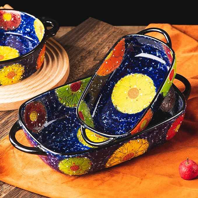 Retro pastoral style Ceramic Baking Dish Rectangular Bakeware Set Baking Pan, 2-piece Hand-painted Porcelain Baking pan with handle, Casserole Dish for Oven/Cooking/Kitchen (Van Impression)