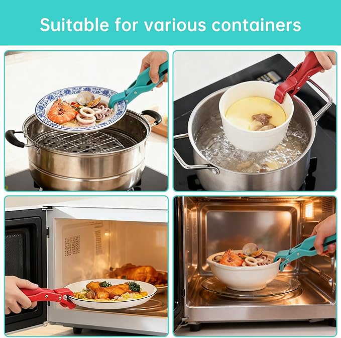 2Pc Hot Plate Gripper Tongs, Silicone Non-Slip Kitchen Utensil, Heat Insulation Anti-Scald Bowl Holder Clip for Cooking (Green + Green)