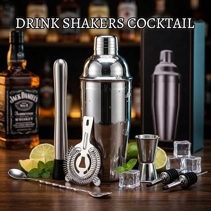 Cocktail Shaker Set Bartender Kit,Professional Bar Set, Martini Shaker, Jigger, Strainer, Mixer Spoon, Muddler, Liquor Pourers Ideal Bar Accessories for Home, Gift for Christmas, Birthday, Beginners