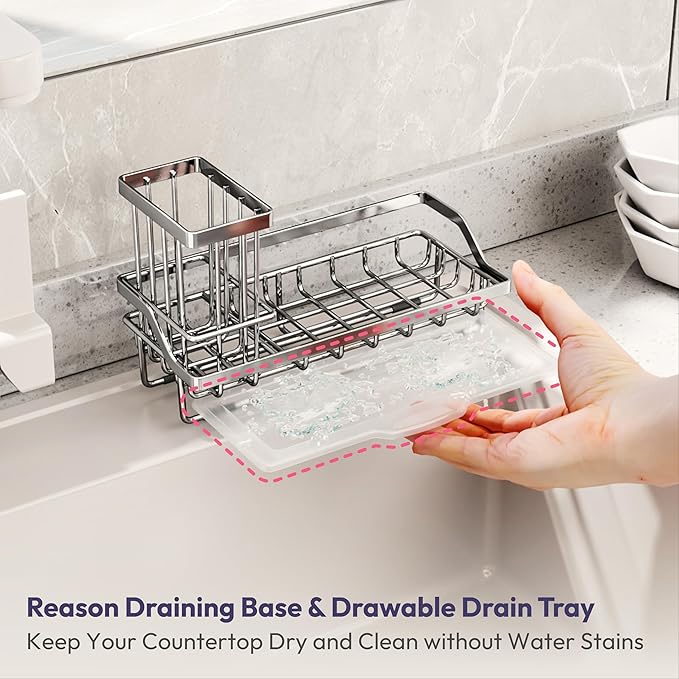 SWTYMIKI Kitchen Sink Caddy Sponge Holder, Kitchen Sink Organzier and Storage with High Brush Holder and Drip Tray for Dish Sponges, Silver
