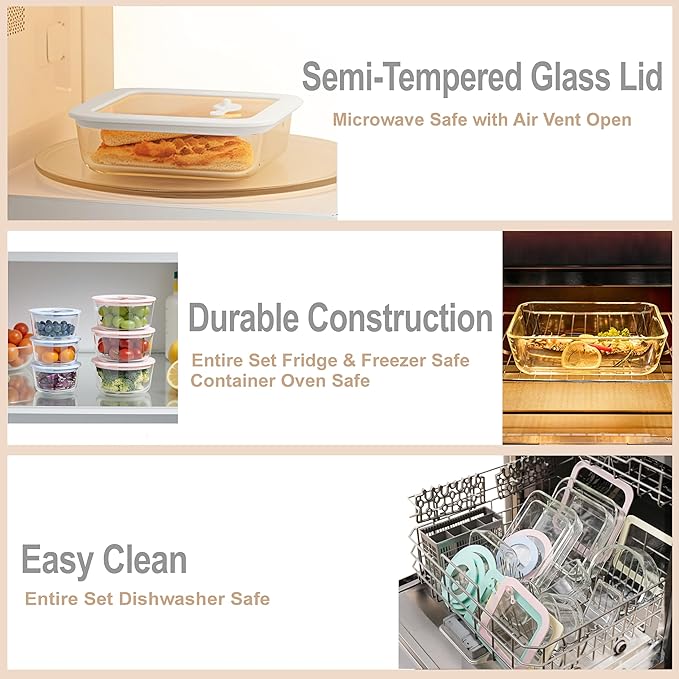 Urban Green Glass Food Container Set with Silicone Glass Lid, 3 Pack, Square Shape, Airtight, LeakProof, 100% Plastic Free, Meal Prep Food Storage Containers