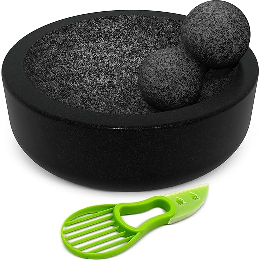 Umien™ Granite Mortar and Pestle Set - 100% Granite - 3.5-Cups - 8-Inch – Avocado Tool Included – Natural Stone Molcajete for Spices, Pestos, & Guacamole (Black) - Stone Grinder - Guacamole