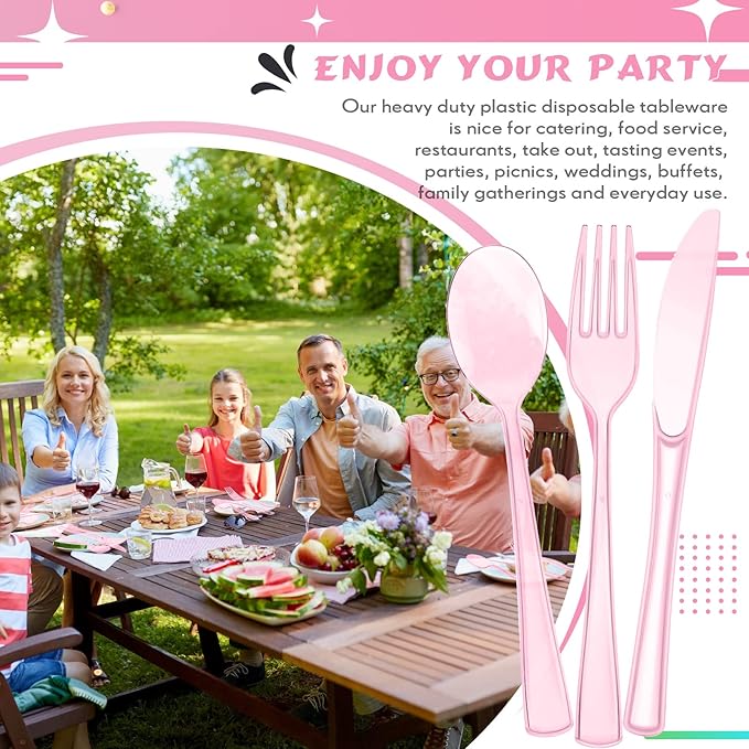 Minatee 150 Pieces Disposable Cutlery Set Plastic Silverware Heavy Duty Utensil Sets 50 Forks 50 Knives 50 Spoons for Home Office School Party Picnics Restaurant Outdoor Events(Pink)
