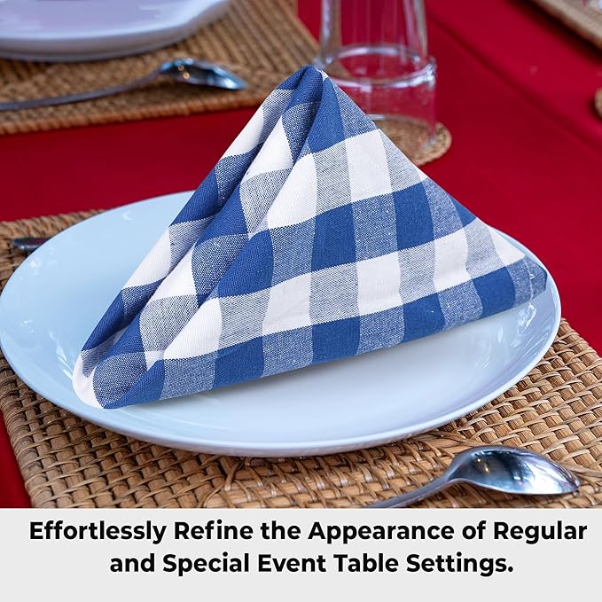Urban Villa Cloth Napkins 100% Cotton Dinner Napkins Highly Absorbent 20x20 Inches (Set of 12) Blue White Buffalo Checks Reusable Washable Soft Durable Premium Napkins Ideal for Home Wedding Parties