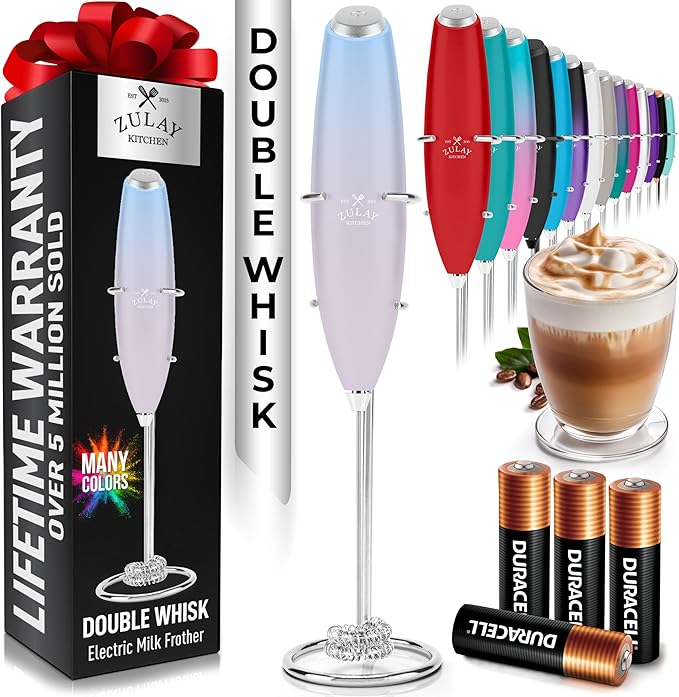 Zulay Kitchen Whisk Milk Frother with 4 Duracell Batteries - Powerful Handheld Foam Maker for Coffee, Lattes, Matcha, Hot Chocolate & Cappuccinos - Whip Creamy Froth in Seconds
