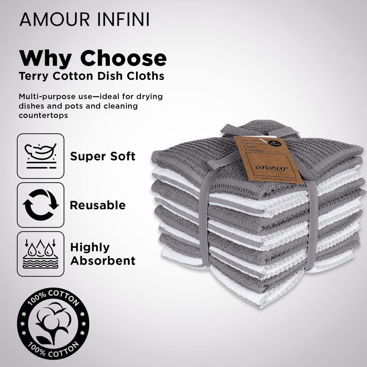 AMOUR INFINI Dish Cloths for Washing Dishes Set of 8 - Highly Absorbent, Super Soft Kitchen Dishcloths - Reusable Quick Dry Dish Rags for Cleaning & Drying Kitchen Linens (12x12 Inch - L.Grey)