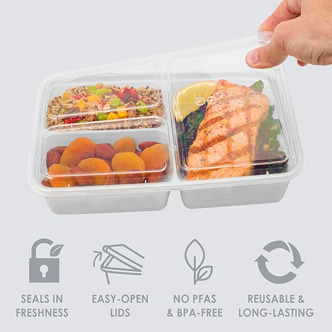 Bentgo Prep - 20-Piece 3-Compartment Reusable Meal Prep Containers with Lids, PFAS & BPA Free Materials, Durable, Microwave, Freezer, & Dishwasher Safe To Go Food Storage (Silver)