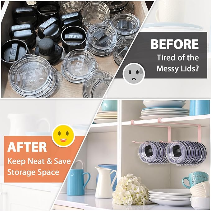 2 Pack Tumbler Lid Organizer, Horizontal Tumbler Lid Storage Hook to Hold Up 20 Lids, Space Saving Cup Lid Holders Under Cabinet Tumbler Lid Hook for Kitchen Organizer, Paper Towel Rack Hanger (Pink)