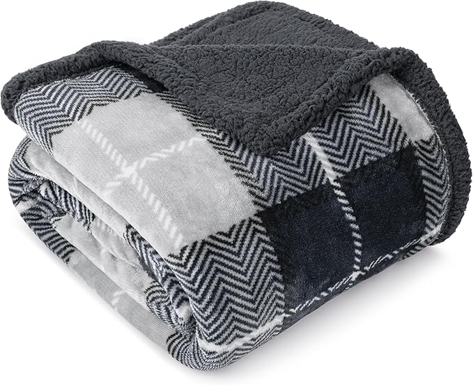 PAVILIA Premium Sherpa Twin Size Blanket | Plaid Design Flannel Fleece Twin Bed Blanket | Plush, Soft, Cozy, Warm, Lightweight Microfiber, Reversible, All Season Use (Plaid Charcoal , 60 x 80 Inches)