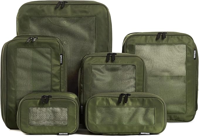 Aerotrunk Compression Packing Cubes for Travel - Luggage Organizer Bags - Double Zipper Packing Cubes for Suitcases (6-Pack, Olive)