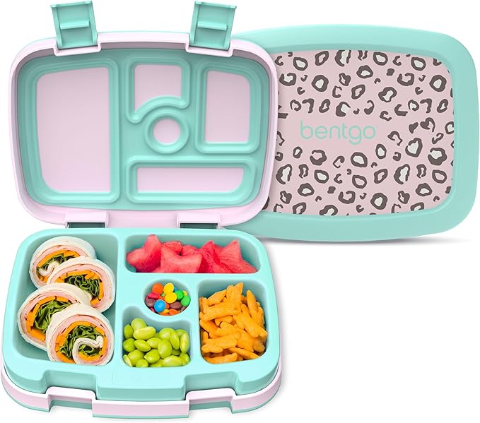 Bentgo Kids Prints Leak-Proof, 5-Compartment Bento-Style Kids Lunch Box - Ideal Portion Sizes for Ages 3-7, Durable, Drop-Proof, Dishwasher Safe, & PFAS & BPA-Free Materials (Leopard)