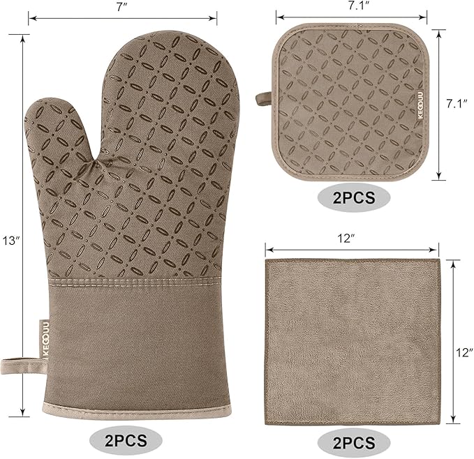 KEGOUU Oven Mitts and Pot Holders 6pcs Set, Kitchen Oven Glove High Heat Resistant 500 Degree Extra Long Oven Mitts and Potholder with Non-Slip Silicone Surface for Cooking (Khaki)