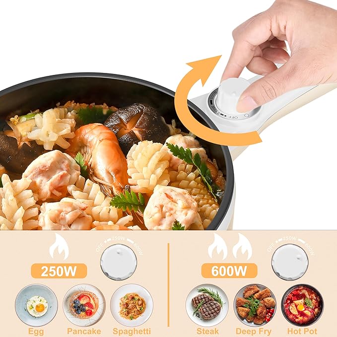 Dezin Hot Pot Electric with Steamer Upgraded, Non-Stick Sauté Pan, Rapid Noodles Electric Pot, 1.5L Mini Pot for Steak, Egg, Fried Rice, Ramen, Oatmeal, Soup with Power Adjustment