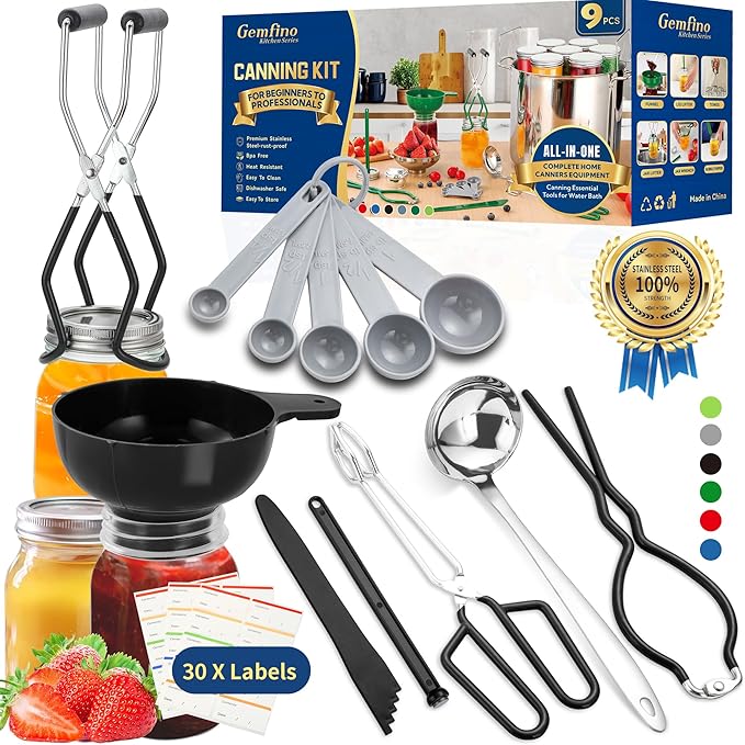 Canning Supplies Starter Kit,Canning Kit for Beginners of 9 with Jar Lifter,Wide Mouth Funnel,Wrench,Tongs,Lid Lifter,Bubble Popper,Canning Labels,ladle,Measuring Spoon-Black