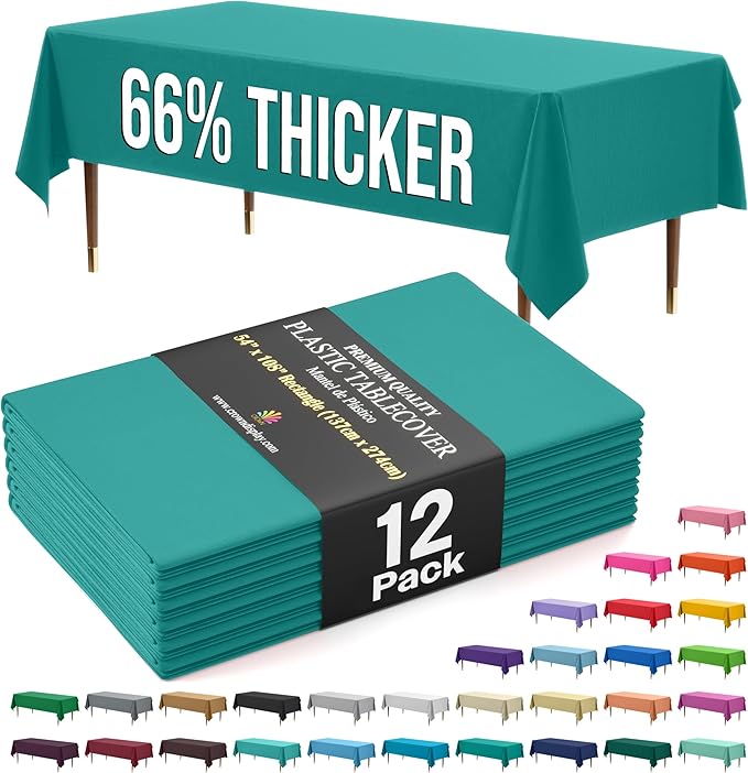 Exquisite 66% Thicker Premium Plastic Table Cloth Rectangle Table Cover 0.5 Mil 12 Pack Teal Table Cloth 54 Inch x 108 Inch Disposable Tablecloth Won't Tear Easily Like Cheap Thin Brands